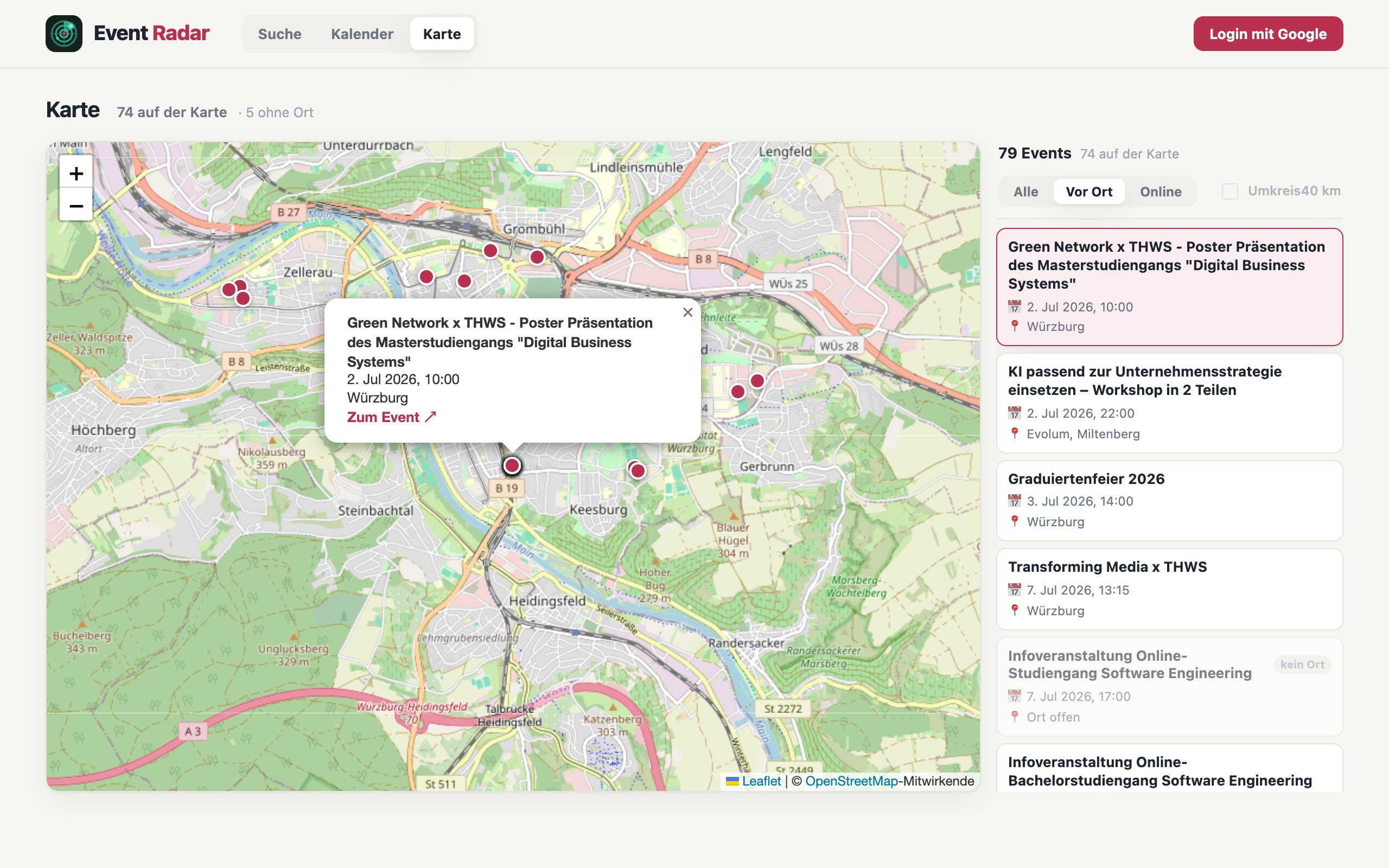 Eventradar — Kartenansicht mit ausgewähltem Vor-Ort-Event